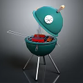 Green Barbecue Grill With Open Lid Grill Rack And Food Items On Metal Legs