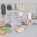 Laundry Room Essentials Including Washing Machines Clotheslines And Baskets With Iron And Clothes