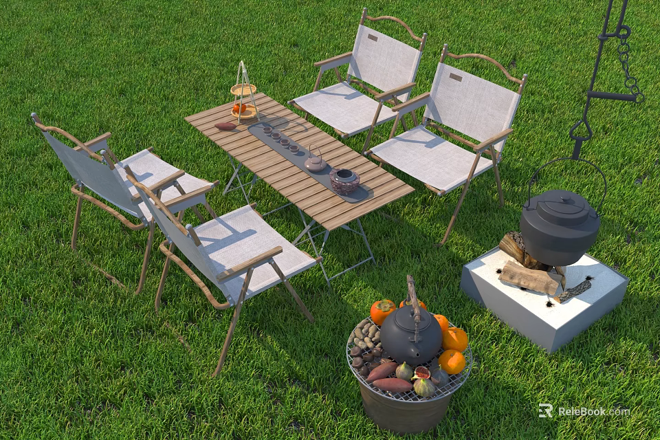 Outdoor Leisure Chairs With Wooden Table On Grass Lawn Near Fire Pit And Fruit Bucket 3d model 