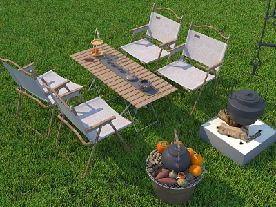 Outdoor Leisure Chairs With Wooden Table On Grass Lawn Near Fire Pit And Fruit Bucket 3d model