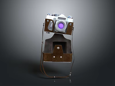 Vintage Silver And Brown Camera With Purple Lens And Leather Bag 3d model