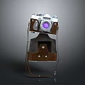 Vintage Silver And Brown Camera With Purple Lens And Leather Bag