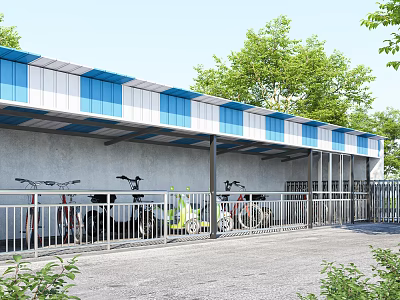 Public Bicycle Shelter Facility With Blue White Roof Parked Bicycles And Surrounding Trees 3d model