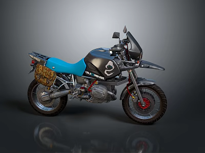 BMW Adventure Motorcycle With Black Body Blue Seat Red Wheels And Camouflage Bag 3d model