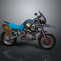 BMW Adventure Motorcycle With Black Body Blue Seat Red Wheels And Camouflage Bag