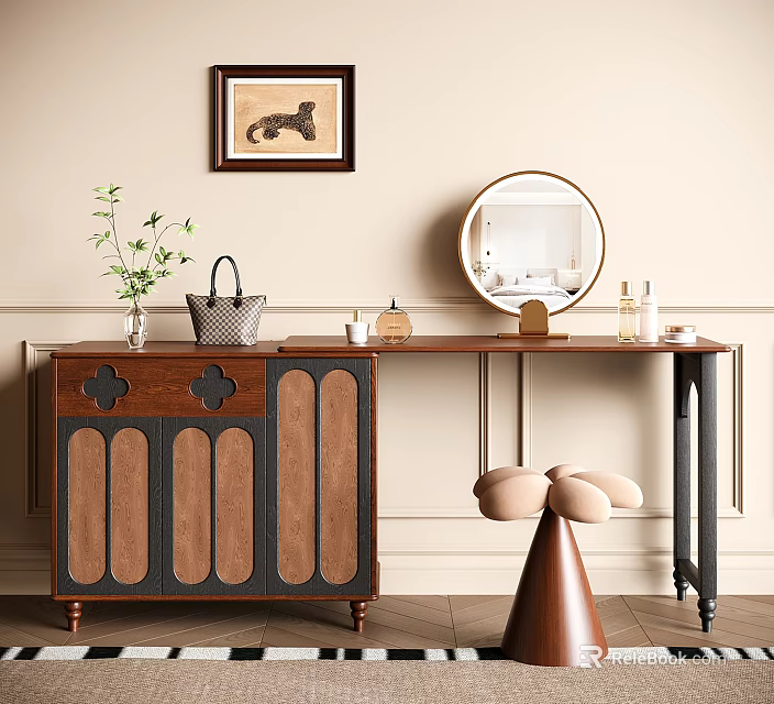 Elegant Wooden Dressing Table With Round Mirror Vase Handbag And Stool 3d model 