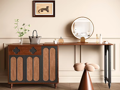 Elegant Wooden Dressing Table With Round Mirror Vase Handbag And Stool 3d model