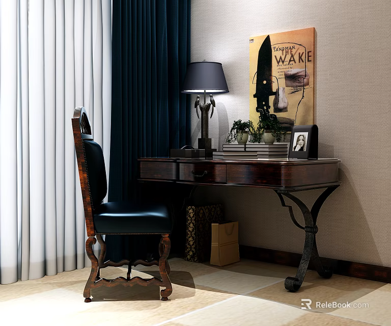 Classic Wooden Desk With Table Lamp Books Photo Frame Potted Plant And Wooden Chair 3d model 