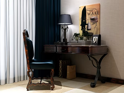 Classic Wooden Desk With Table Lamp Books Photo Frame Potted Plant And Wooden Chair 3d model