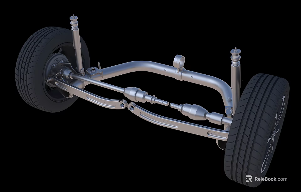 Car Axle Suspension System With Silver Metal Parts And Black Wheels 3d model 