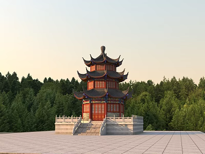 Chinese Traditional Multi Story Tower With Overhanging Eaves Surrounded By Green Forest And Stone Steps 3d model