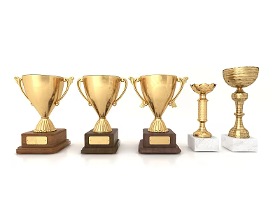 Three Large And Two Small Golden Trophies With Handles And Brown White Marble Bases 3d model