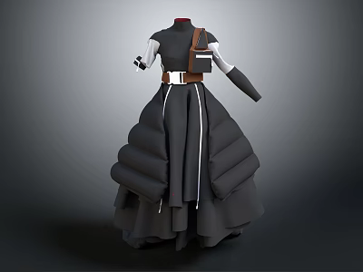 Modern 3D Designed Black Long Dress With Puffy Skirt White Lines And Brown Belt 3d model