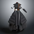 Modern 3D Designed Black Long Dress With Puffy Skirt White Lines And Brown Belt