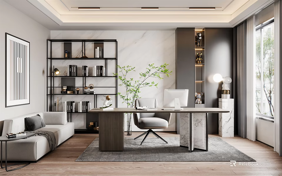 Elegant Modern Home Office Interior With Marble Desk Open Bookshelf And Cozy Sofa 3d model 