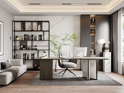 Elegant Modern Home Office Interior With Marble Desk Open Bookshelf And Cozy Sofa 3d model