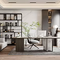 Elegant Modern Home Office Interior With Marble Desk Open Bookshelf And Cozy Sofa
