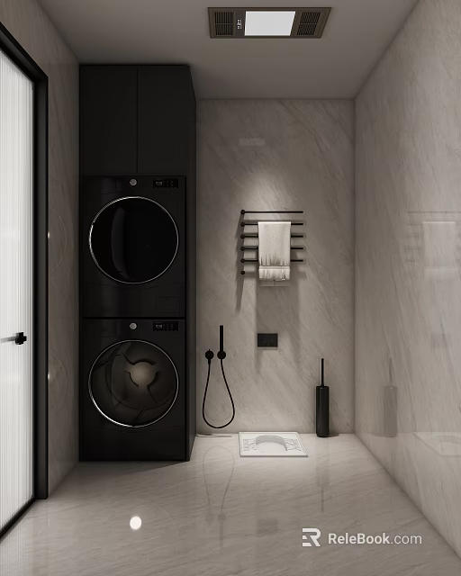 Minimalist Bathroom Interior With Black Stacked Washer Dryer Beige Marble Wall Towel Rack And Towels 3d model 