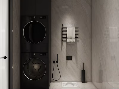 Minimalist Bathroom Interior With Black Stacked Washer Dryer Beige Marble Wall Towel Rack And Towels 3d model