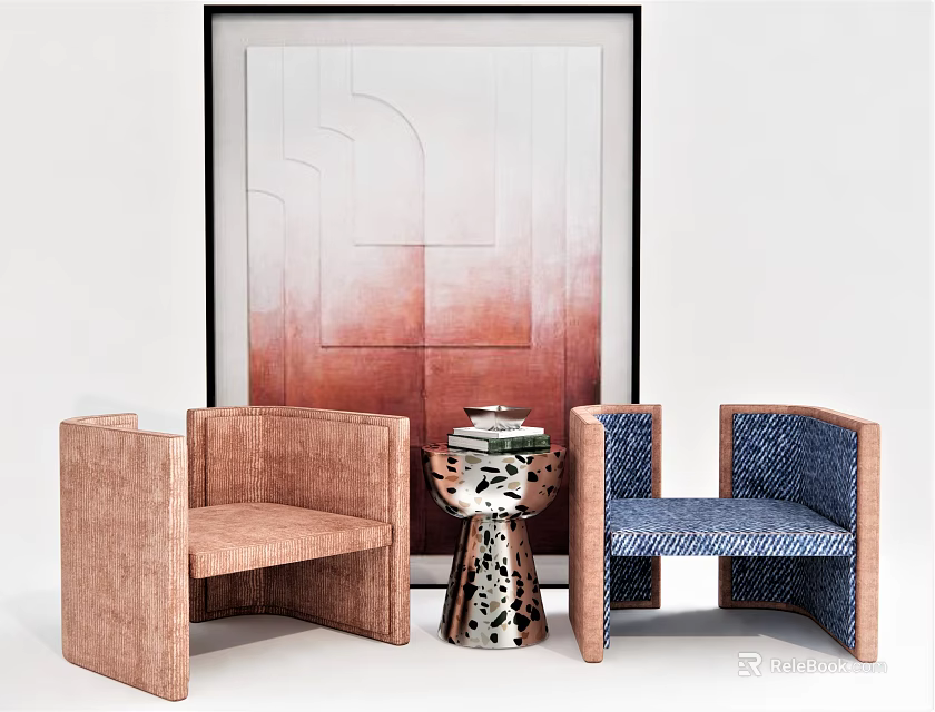 Casual Copper Blue Velvet Sofa Set With Side Table Stacked Books Against Abstract Painting 3d model 