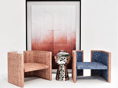 Casual Copper Blue Velvet Sofa Set With Side Table Stacked Books Against Abstract Painting 3d model