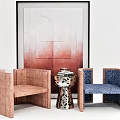 Casual Copper Blue Velvet Sofa Set With Side Table Stacked Books Against Abstract Painting