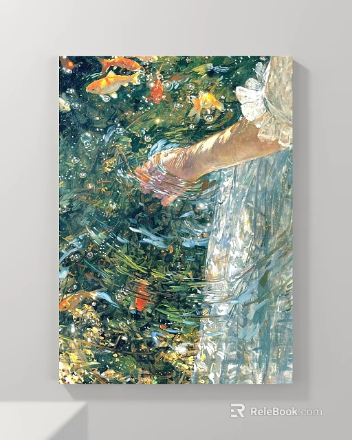 Portrait Painting Depicting A Figure's Arm Dipping Into Water With Swimming Goldfish And Ripples 3d model 