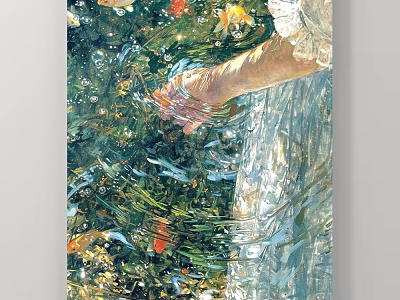 Portrait Painting Depicting A Figure's Arm Dipping Into Water With Swimming Goldfish And Ripples 3d model