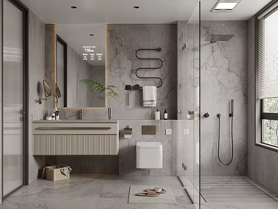 Modern Bathroom Interior With Marble Walls Vanity Toilet Shower Area Mirror And Potted Plant 3d model