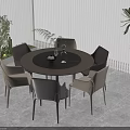 Modern Round Dining Table Set With Six Chairs And Green Plants In Bright Interior 3d model