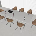 Modern White Conference Table with Brown Chairs Water Bottles and Black Device with White Blinds