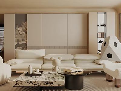 Beige Living Room Interior With Sofa Marble Coffee Table Decorative Doll Dice Chair And Bookshelf 3d model