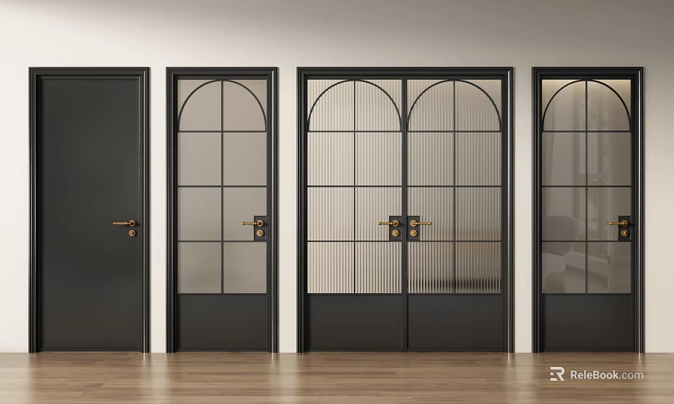 Sleek Black Frame Swing Doors With Arched Glass Panels And Golden Handles In Interior 3d model 