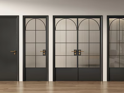 Sleek Black Frame Swing Doors With Arched Glass Panels And Golden Handles In Interior 3d model
