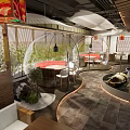 Modern Restaurant Interior With Transparent Spherical Dining Pod Red Sofa Bamboo Screens And Lantern Decorations
