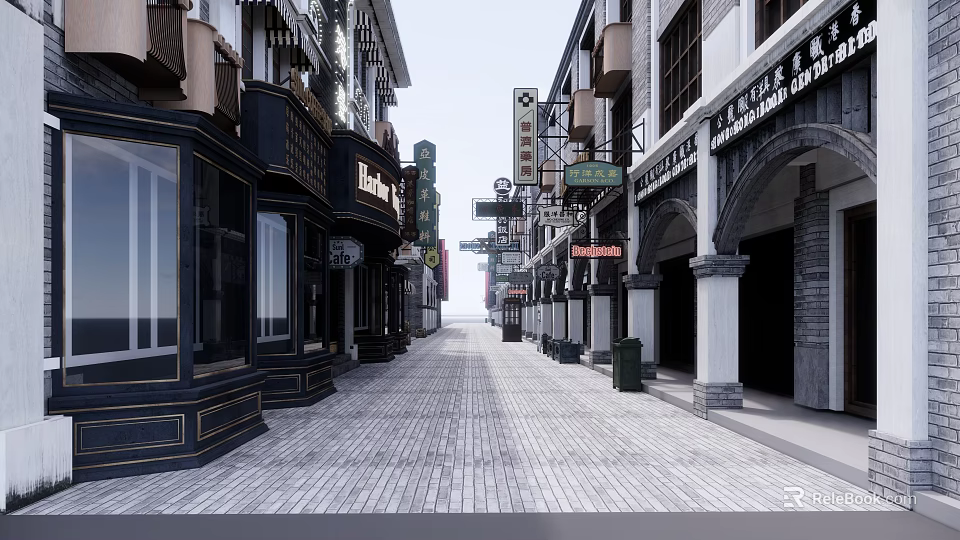 Traditional Commercial Street Featuring Vintage Shop Facades And Cobblestone Walkway 3d model 