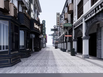 Traditional Commercial Street Featuring Vintage Shop Facades And Cobblestone Walkway 3d model