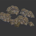 Brown Burlap Sacks Stacked In Multiple Piles On Dark Background