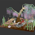 Enchanting Mythical Creature Resting Under Tree With Pink Hanging Branches Bamboo And Lily Pads