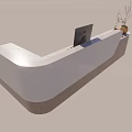 Modern Curved Reception Desk With White Surface Wooden Frame Computer Monitor And Potted Plants