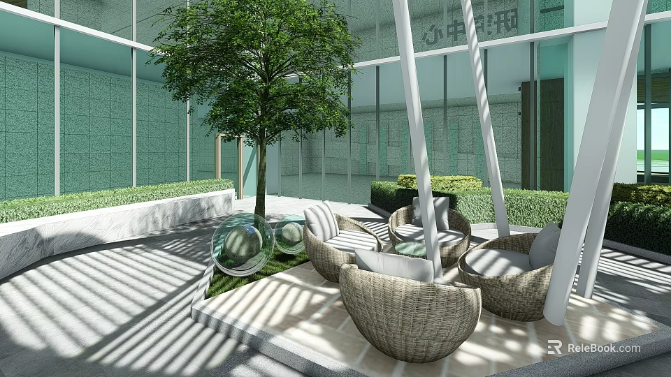 Modern Garden Courtyard Featuring Large Tree Lawn Wicker Furniture Glass Orbs And Sunlight Shadows 3d model 