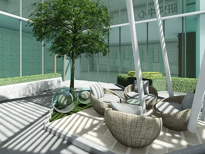 Modern Garden Courtyard Featuring Large Tree Lawn Wicker Furniture Glass Orbs And Sunlight Shadows 3d model