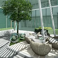 Modern Garden Courtyard Featuring Large Tree Lawn Wicker Furniture Glass Orbs And Sunlight Shadows