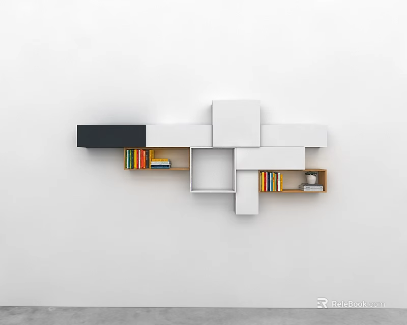 Modern Wall Mounted Display Shelf with White and Black Modular Design and Storage Compartments 3d model