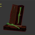 Antique Bone Carved Weapon Displayed in Open Red Decorative Box with Gold Accents
