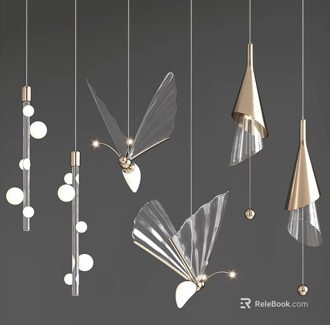 Modern Chandeliers With Glass Metal Butterfly Wing Cone Sphere Shapes Hanging On Minimalist Background 3d model 