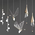 Modern Chandeliers With Glass Metal Butterfly Wing Cone Sphere Shapes Hanging On Minimalist Background