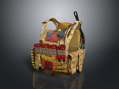 Military Tactical Weapon Vest With American Flag Patch Ammunition Pouches And Camouflage Design 3d model
