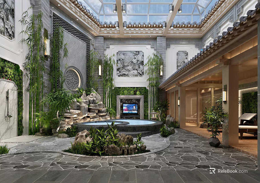 Tranquil SPA Sauna Courtyard With Glass Roof Waterfall And Bamboo Plants 3d model 