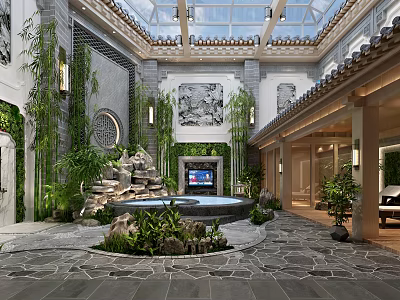 Tranquil SPA Sauna Courtyard With Glass Roof Waterfall And Bamboo Plants 3d model